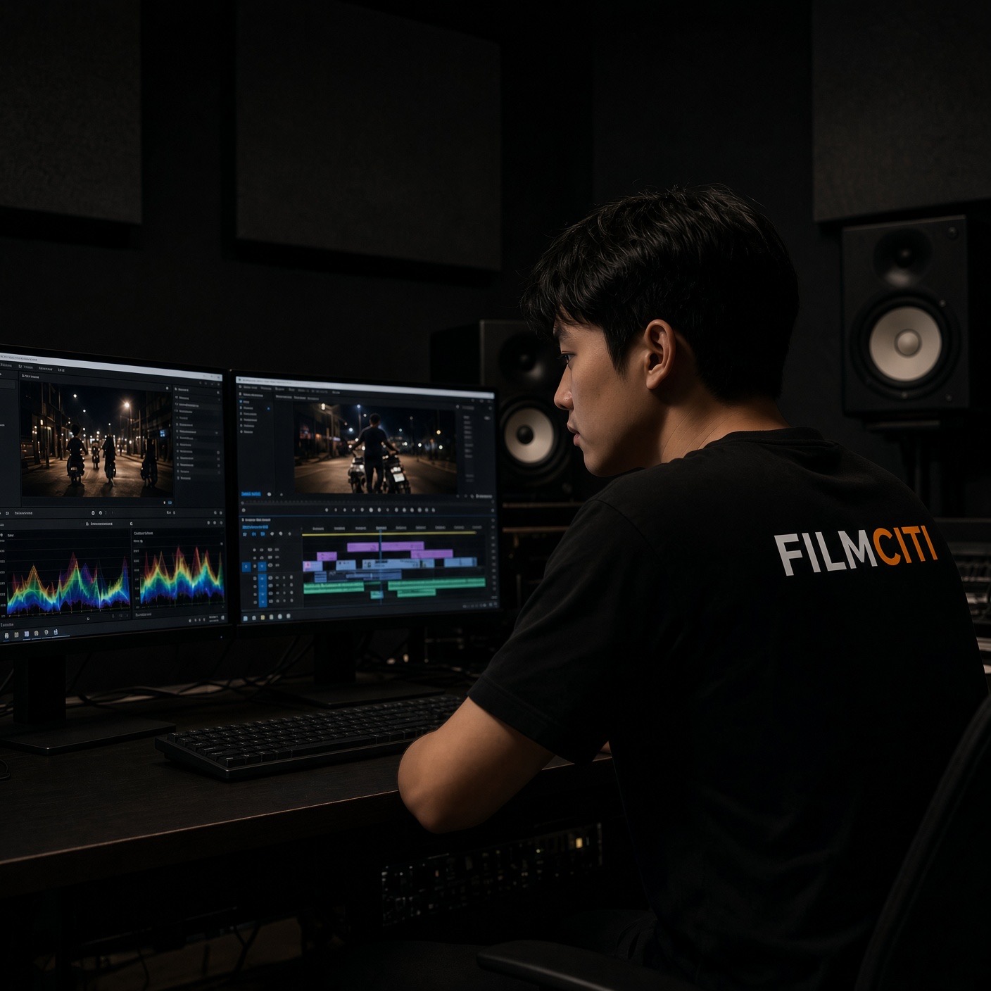 Người dựng phim sắp xếp các cảnh thô trong phòng hậu kỳ Filmciti